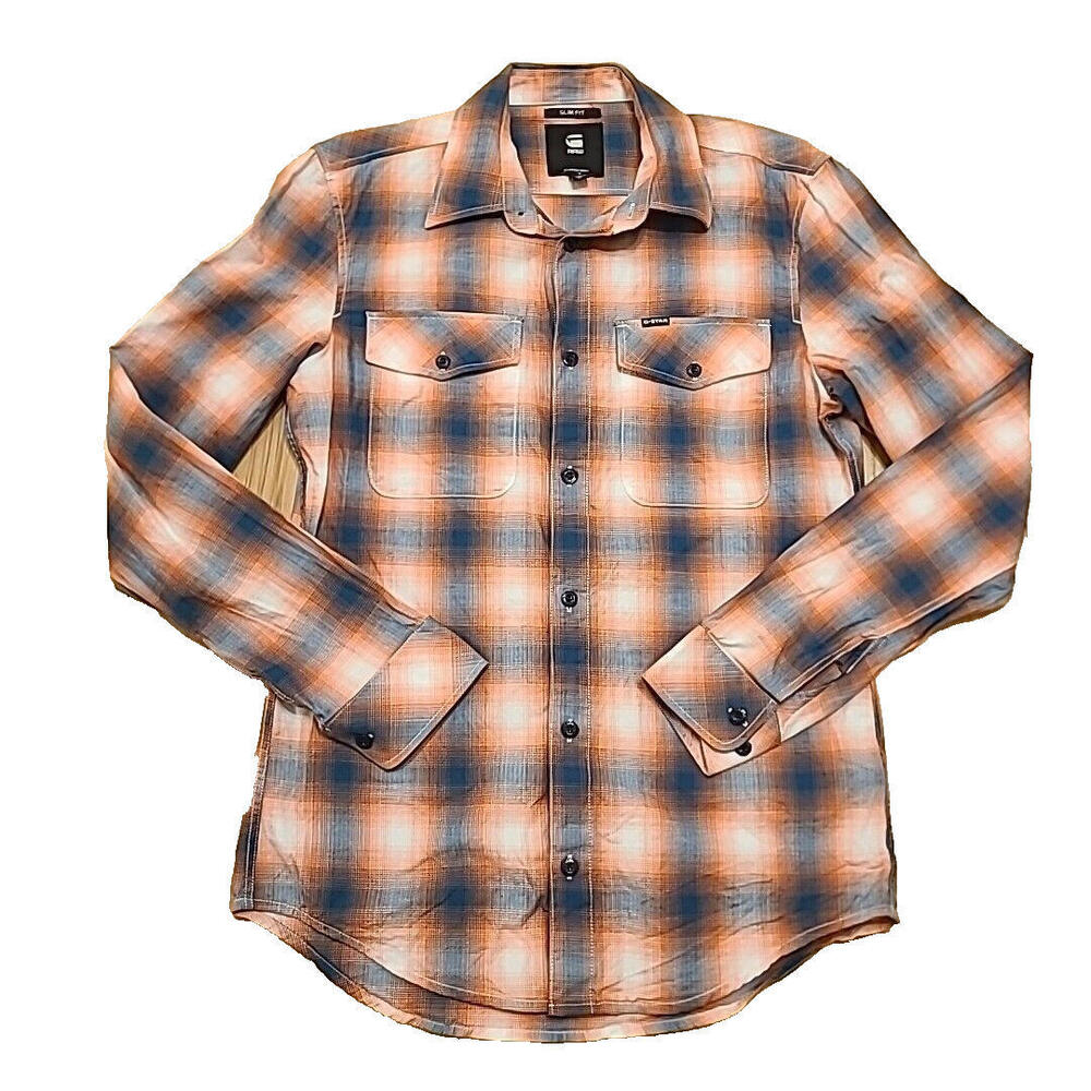G-Star Raw Shirt Men's Small Orange Blue Plaid Marine Slim Fit Button Up Cotton